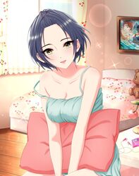  bangs_pinned_back bare_shoulders blue_hair blue_shirt breasts brown_eyes brown_hair cameo cleavage collarbone earrings female hair_ornament hayami_kanade headset highres idolmaster idolmaster_cinderella_girls indoors jewelry looking_at_viewer medium_breasts nasuyasu nitta_minami open_mouth parted_bangs shirt short_hair smile solo stuffed_animal stuffed_toy teddy_bear yellow_eyes 