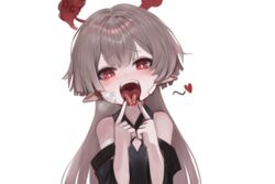  bare_shoulders blue_archive blush brown_hair dokomon female hair_between_eyes halo hands_up head_tilt heart highres long_hair looking_at_viewer pointy_ears red_eyes saliva shuro_(blue_archive) simple_background solo tongue tongue_out upper_body very_long_hair white_background 