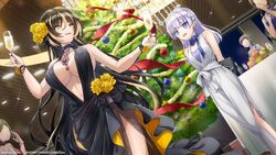  2girls alcohol amadea_wolfa bare_shoulders black_dress black_hair blonde_hair blue_eyes breasts champagne christmas_tree cup dolphin_wave dress drinking_glass earrings flower hair_flower hair_ornament highres holding holding_cup jewelry large_breasts long_hair looking_at_another medium_breasts multicolored_hair multiple_girls navel ootomo_takuji open_mouth pendant purple_hair red_nails scarf schnee_weissberg smile striped_hair very_long_hair white_dress wine_glass wristband yellow_eyes 