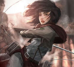  absurdres belt black_gloves black_hair blood blood_spray blurry blurry_background brown_eyes capelet commentary day female gloves grey_pants grey_shirt highres holding holding_weapon looking_at_viewer mikasa_ackerman outdoors pants rooftop scarf shingeki_no_kyojin shirt three-dimensional_maneuver_gear titan_(shingeki_no_kyojin) twisted_torso weapon yido_(yidoarts) 