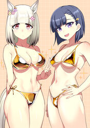  2girls animal_ears bikini black_hair bob_cut breasts cleavage flower gold_bikini hair_flower hair_ornament hairclip happy_meek_(umamusume) horse_ears horse_girl horse_tail inverted_bob kiryuuin_aoi large_breasts multiple_girls pink_eyes purple_eyes short_hair side-tie_bikini_bottom sparkle_background swimsuit tail umamusume v white_hair zasshu_nigou 