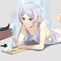  a1_(initial-g) aura calligraphy_brush closed_mouth commentary_request dress elf female flat_chest frieren green_eyes grey_background grey_hair highres holding holding_calligraphy_brush holding_paintbrush ink long_hair lying on_stomach paintbrush pointy_ears simple_background sleeveless sleeveless_dress smile solo sousou_no_frieren thick_eyebrows white_dress 