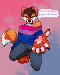  accessory anthro bisexual_pride_colors bottomwear canid canine clothing collar femboy ferox_(feroxdoon) feroxdoon fox geotalon hair hi_res lgbt_pride makeup male mammal multicolored_accessory multicolored_clothing multicolored_collar multicolored_sweater multicolored_text multicolored_topwear nonbinary_(lore) nonbinary_pride_colors offering_hand pants pawpads pride_color_accessory pride_color_clothing pride_color_collar pride_color_sweater pride_color_text pride_color_topwear pride_colors reaching_towards_viewer red_fox smile solo support sweater text topwear true_fox 