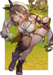  atelier_(series) atelier_ryza bent_over beret braid breasts brown_gloves brown_hair cleavage collared_shirt female fingerless_gloves flask gloves hat highres holding holding_flask index_finger_raised jacket jewelry key key_necklace lamppost large_breasts leaning_forward leather leather_gloves looking_at_viewer necklace off_shoulder one_eye_closed open_mouth poch4n reisalin_stout round-bottom_flask shirt short_shorts shorts single_thighhigh sleeveless sleeveless_shirt thigh_strap thighhighs toeless_footwear vial white_headwear white_shirt yellow_jacket 