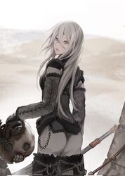  a2_(nier:automata) alternate_costume ass closed_mouth commentary detached_sleeves eyelashes female fur-trimmed_sleeves fur_trim grey_eyes grey_sleeves highres holding holding_head holding_sword holding_weapon long_hair looking_back nier:automata nier_(series) robot solo sword tricoliet weapon white_background white_hair 