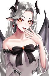  :d absurdres bare_shoulders black_bow bow character_request commentary_request copyright_request earrings female grey_hair highres horns jewelry long_hair long_sleeves looking_at_viewer off-shoulder_shirt off_shoulder open_mouth orange_eyes pointy_ears pyeong-il_pyeongil shirt shirt_bow smile solo upper_body very_long_hair white_background white_shirt wings 