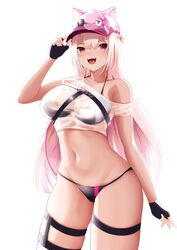  :d baseball_cap bikini black_bikini black_gloves blonde_hair breasts commentary cowboy_shot crop_top female fingerless_gloves girls&#039;_frontline gloves hat highres long_hair looking_at_viewer midriff navel off_shoulder open_mouth pink_eyes pink_hat see-through shirt short_sleeves simple_background smile solo standing stomach swimsuit thigh_strap thighs ukm-2000_(girls&#039;_frontline) ukm-2000_(soda_tale)_(girls&#039;_frontline) very_long_hair white_background yan_kodiac 