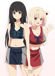  2girls :d adapted_costume black_hair blue_skirt blue_sports_bra breasts cleavage closed_mouth commentary_request cowboy_shot crop_top dars_(recolors) grey_skirt grey_sports_bra highres inoue_takina large_breasts long_hair looking_at_viewer lycoris_recoil lycoris_uniform multiple_girls navel nishikigi_chisato open_mouth purple_eyes red_skirt red_sports_bra skirt small_breasts smile sports_bra standing two-tone_skirt two-tone_sports_bra 