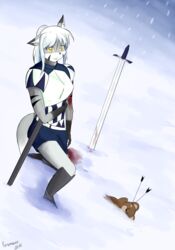  2016 anthro armor arrow_(weapon) arrowed biped blood blood_on_arm blood_on_ground blood_on_weapon bodily_fluids breasts canid canine clothed clothing desolate digital_media_(artwork) dipstick_ears dutch_angle ear_markings female fox fully_clothed fur gloves_(marking) greaves grey_body grey_fur hair hi_res inner_ear_fluff kemono kenomaeon kneeling knight mammal markings melee_weapon multicolored_body multicolored_ears multicolored_fur open_mouth outside planted_weapon plushie ponytail ranged_weapon sad scabbard snow snowing solo stripes sword tuft vertical_bar_eyes warrior weapon white_body white_fur white_hair wounded yellow_eyes 