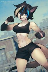  2016 2:3 5_fingers anthro arm_wraps athletic athletic_anthro athletic_female bandage black_body black_fur black_hair blonde_hair blood blood_on_bandage blue_eyes blue_hair bodily_fluids bottomwear bra breasts city cleavage clothed clothing cute_fangs day detailed_background digital_media_(artwork) domestic_cat dutch_angle eyelashes felid feline felis female fighting_pose fingers fist fur hair humanoid_hands iskra looking_at_viewer mai_karmel mammal midriff multicolored_hair navel open_mouth open_smile outside pose shaded short_hair shorts siamese skimpy sky smile solo sports_bra teeth tongue underwear white_body white_fur wide_hips wraps 