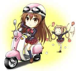  2girls akiran_(r32) blonde_hair brown_eyes brown_hair chasing chuunibyou_demo_koi_ga_shitai! closed_eyes commentary_request dekomori_sanae goggles goggles_on_head hair_weapon helmet icho_private_high_school_uniform long_hair motor_vehicle multiple_girls nibutani_shinka on_scooter school_uniform scooter side_ponytail twintails very_long_hair 