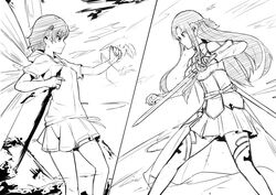  2girls absurdres armor asuna_(sao) breastplate commentary_request crossover electrical_wings electricity electrokinesis energy energy_wings greyscale highres holding holding_sword holding_weapon julioalqae knights_of_blood_uniform_(sao) lambent_light long_hair magnetism medium_hair metal metal_sand misaka_mikoto monochrome multiple_girls multiple_wings psychic rapier science_fiction self-upload sheath skirt smile sword sword_art_online toaru_kagaku_no_railgun toaru_majutsu_no_index toaru_majutsu_no_index:_new_testament unsheathed water_wings weapon wings 