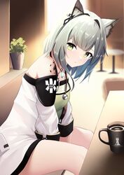  animal_ear_fluff animal_ears arknights between_legs breasts cat_ears cat_girl criss-cross_halter cup dress female from_side green_dress green_eyes grey_hair halterneck hand_between_legs highres indoors infection_monitor_(arknights) kal&#039;tsit_(arknights) looking_at_viewer mug off-shoulder_dress off_shoulder plant potted_plant rhodes_island_logo_(arknights) short_hair sitting small_breasts solo stethoscope yan_kodiac 