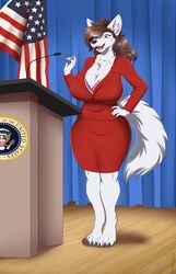  4_toes absurd_res american_flag anthro barefoot big_breasts black_nails bra bra_peek breasts brown_hair canid canine canis claws cleavage clothed clothed_anthro clothed_female clothing colored_nails edith_vaughn feet female fur green_eyes hair hi_res huge_breasts lectern mammal mature_female nails podium politics president sharp_teeth solo standing suit teeth toes tommysamash underwear united_states_of_america white_body white_fur wolf 