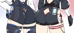  2girls absurdres ass ass-to-ass ass_cutout ass_focus belt black_gloves clothing_cutout company_connection crossover eula_(genshin_impact) from_behind genshin_impact gloves hand_on_own_hip highres honkai:_star_rail honkai_(series) leaning_forward long_sleeves mihoyo multiple_girls out_of_frame sesield simple_background take_your_pick thigh_belt thigh_strap topaz_(honkai:_star_rail) trait_connection 