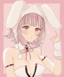  :o animal_hood armlet bare_shoulders blunt_bangs blush border breasts brown_eyes brown_hair cleavage danganronpa_(series) danganronpa_2:_goodbye_despair detached_collar female flipped_hair galaga hand_up highres hood ima_(kon_kon_5) large_breasts leotard medium_hair mole mole_on_breast nanami_chiaki neck_ribbon official_alternate_costume outline pink_border pink_ribbon rabbit_hood ribbon solo upper_body white_leotard white_outline 