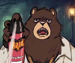  5_fingers anthro bear ben_bigger brown_body chain_necklace clothed clothing english_text fingers hi_res jacket jewelry male mammal mihoyo necklace shyybuchi solo spray_can spraying teeth text tongue topwear white_clothing white_jacket white_topwear zenless_zone_zero 