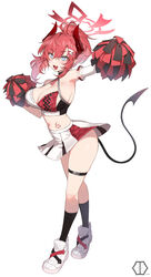  alternate_costume armpits bare_shoulders blue_archive blue_eyes blush breasts cheerleader cleavage criss-cross_halter demon_girl demon_horns demon_tail female full_body hair_between_eyes hair_ornament halo halterneck highres holding holding_pom_poms horns kneehighs large_breasts long_hair looking_at_viewer megu_(blue_archive) midriff millennium_cheerleader_outfit_(blue_archive) miniskirt navel open_mouth pleated_skirt pointy_ears pom_pom_(cheerleading) ponytail red_hair shoes sidelocks simple_background skirt sleeveless smile sneakers socks solo sports_bra standing tail two-tone_sports_bra white_background white_skirt yaman 