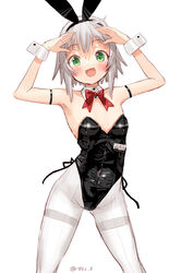  animal_ears bare_shoulders black_leotard blush bow bowtie breasts covered_navel cowboy_shot detached_collar fake_animal_ears female green_eyes hair_between_eyes highres kantai_collection leotard open_mouth pantyhose playboy_bunny rabbit_ears rabbit_tail red_ribbon ribbon shimushu_(kancolle) shimushu_pose short_hair small_breasts smile solo strapless strapless_leotard tail tetsukuzu_(yajirushi_shita) traditional_bowtie twitter_username white_background white_pantyhose wrist_cuffs 