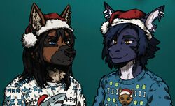  2023 afevis_(character) anthro black_body black_fur black_hair black_nose blue_body blue_eyes blue_hair brown_body brown_fur canid canine canis christmas christmas_clothing christmas_headwear christmas_sweater christmas_topwear clothing digital_media_(artwork) domestic_dog dwcmarshalarts ear_piercing ear_ring festive fish fur german german_shepherd hair hat headgear headwear herding_dog heterochromia hi_res holidays keller_(kellervo) long_hair male mammal marine orange_eyes pastoral_dog piercing ring_piercing santa_hat shark shepherd sweater tan_body tan_fur topwear white_body 