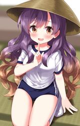  :d ajirogasa alternate_costume blue_shorts blush breasts brown_eyes brown_hair buruma commentary_request dojo female finger_to_mouth gym_uniform hat highres hijiri_byakuren indoors legs long_hair purple_hair ruu_(tksymkw) seiza shirt short_sleeves shorts sitting small_breasts smile socks sweat touhou very_long_hair white_shirt white_socks 