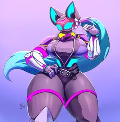  2023 5_fingers anthro arzy_parzy belt big_breasts biped blue_body blue_eyes blue_fur blue_tail bodysuit breasts canid canine cel_shading clothed clothing curvy_figure cybernetic_arm cybernetic_leg cybernetic_limb cybernetics cyborg dipstick_tail empty_eyes female fingers fluffy fluffy_tail fox front_view fully_clothed fur gradient_background grey_clothing hand_on_hip head_tail hi_res huge_hips huge_thighs inner_ear_fluff jacket legband machine mammal markings open_mouth portrait pose purple_background purple_tail raised_hand screen screen_face shaded simple_background skinsuit solo standing stylized_empty_eyes tail tail_markings thick_thighs thighband three-quarter_portrait tight_clothing topwear tuft two_tone_tail unnamed_character wide_hips 