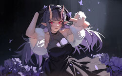  absurdres bare_shoulders black_dress black_gloves breasts bug butterfly cleavage commentary dress female flower gloves hairband highres horns large_breasts long_hair nijisanji oni purple_butterfly purple_flower purple_hair red_eyes rindou_mikoto rindou_mikoto_(4th_costume) rosehip_t72 see-through see-through_cleavage skin-covered_horns sleeveless sleeveless_dress solo symbol-only_commentary upper_body virtual_youtuber 