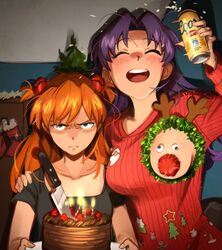  2girls ^_^ absurdres angry ankle_monitor black_shirt blue_eyes blush breastless_clothes breasts cake can candle chocolate_cake christmas christmas_sweater closed_eyes commentary english_commentary facing_viewer food googly_eyes highres holding holding_can interface_headset katsuragi_misato khyle. knife long_hair looking_at_viewer meme meme_attire multiple_girls neon_genesis_evangelion no_bra one_breast_out open_mouth orange_hair pasties purple_hair red_nose red_sweater reindeer_boob_(meme) revision shirt smile souryuu_asuka_langley strawberry_cake sweater when_you_see_it yandere 