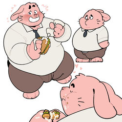  1:1 2023 anthro belly big_belly blush bottomwear bulge cartoon_network closed_eyes clothing eating food hi_res kemono lagomorph leporid male mammal necktie overweight overweight_male pants pink_body pink_nose quanjiang rabbit richard_watterson sandwich_(food) shirt simple_background solo the_amazing_world_of_gumball topwear white_background 