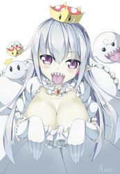  aiee blush boo_(mario) breasts cleavage collar collar_jewel crown dress earrings elbow_gloves frilled_collar frilled_gloves frills ghost ghost_pose gloves grey_hair highres jewelry large_breasts leaning_forward long_hair looking_at_viewer luigi&#039;s_mansion mario_(series) mini_crown new_super_mario_bros._u_deluxe open_mouth pointy_ears princess_king_boo puffy_short_sleeves puffy_sleeves sharp_teeth short_sleeves simple_background sphere_earrings super_crown teeth tilted_headwear tongue tongue_out white_background white_dress white_gloves 