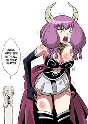  2girls aura_(sousou_no_frieren) aura_bullying_(meme) blush body_control braid breasts clothes_pull corset demon_girl demon_horns earrings elbow_gloves elf english_commentary english_text evil_smile frieren gloves green_eyes grey_eyes grey_hair highres horns jewelry kukuruyo large_breasts leaning_forward long_hair low-braided_long_hair low-tied_long_hair meme mind_control multiple_braids multiple_girls open_mouth paid_reward_available panties panty_pull pointy_ears pulling_own_clothes purple_eyes purple_hair rectangular_mouth simple_background skirt smile sousou_no_frieren standing strapless sweat trembling troll_face twintails underwear undressing white_background 