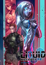  1boy 3girls absurdres android armor blue_eyes breasts commentary english_text fingerless_gloves glasses gloves glowing glowing_eyes gun hair_slicked_back hand_on_own_chest highres holding holding_gun holding_weapon ibenz009 looking_at_viewer medium_breasts mercury_(element) metal_skin multiple_girls navel neon_trim orange_hair original parted_bangs red_eyes shiny_skin short_hair silver_skin submachine_gun weapon 