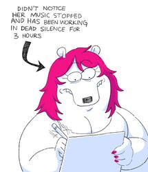  anthro bear breasts cleavage clothed clothing colored_nails concentration drawing drawing_tablet electronics english_text female fur hair hi_res long_hair mammal nails noelle_(twistcmyk) pink_hair polar_bear shirt simple_background solo tank_top text topwear twistcmyk ursine white_background white_body white_fur 