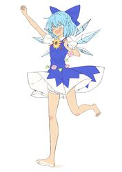  absurdres arm_up barefoot bloomers blue_bow blue_dress blue_eyes blue_hair blush bow cirno clenched_hands commentary_request dress female flower full_body hairbow highres ice ice_wings oerba_yun_fang open_mouth pink_flower puffy_short_sleeves puffy_sleeves seika_okawari shirt short_sleeves simple_background sleeveless sleeveless_dress smile soles solo standing standing_on_one_leg sunflower tan tanned_cirno touhou v-shaped_eyebrows white_background white_shirt wings 