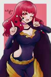  belt black_cape bodysuit breasts cape chest_strap choker clothing_cutout facial_mark female fire_emblem fire_emblem_engage gold_belt hair_ornament highres pink_choker purple_bodysuit red_hair rotomdocs side_cutout solo star_(symbol) star_facial_mark star_hair_ornament yellow_belt yunaka_(fire_emblem) 