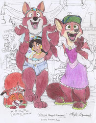  ambiguous_gender anthro baseball_cap blouse boa_(clothing) bottomwear canid canine clothed clothing crossdressing crown disney disney&#039;s_aladdin dress duo english_text excited femboy feral footwear fox genderfluid gloves handwear happy hat headgear headwear hi_res hotpants limp_wrist male mall mammal nick_wilde prancing princess_aurora_(disney) princess_jasmine_(disney) princess_tiana red_fox robin_hood robin_hood_(disney) rufe_squirrel sandals shopping shorts sleeping_beauty_(1959) squeal text the_fox_and_the_hound the_princess_and_the_frog tod_(tfath) topwear torn_clothing true_fox zootopia 