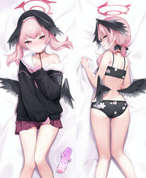  bed_sheet beret bikini black_bikini black_headwear black_shirt black_wings blue_archive blush closed_mouth feathered_wings female floral_print halo haniwa_(statue) hat head_wings highres kneepits koharu_(blue_archive) koharu_(swimsuit)_(blue_archive) long_hair long_sleeves looking_at_viewer low_twintails miaohik multiple_views official_alternate_costume open_mouth pink_eyes pink_hair print_bikini red_halo sailor_collar sailor_shirt shirt swimsuit twintails white_sailor_collar wings 