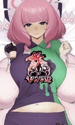  bow breasts commentary_request eyeshadow female flipped_hair gloves highres hirokanekure jacket klara_(pokemon) looking_at_viewer makeup mole mole_under_mouth pink_eyeshadow pink_hair pink_lips pokemon pokemon_swsh print_shirt purple_eyes shirt short_hair shorts single_glove smile solo 