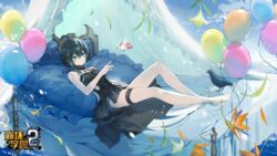  ahoge balloon bare_arms bare_legs bare_shoulders barefoot bed bed_frame benghuai_xueyuan bird black_dress black_hair breasts choker closed_mouth cloud copyright_name cushion day dress female floating floating_object flower full_body green_eyes green_hair hair_between_eyes head_chain highres honkai_(series) jewelry lying multicolored_hair official_art on_bed outdoors second-party_source sky sleeveless sleeveless_dress smile solo thigh_strap two-tone_hair wendy_(honkai_impact) 