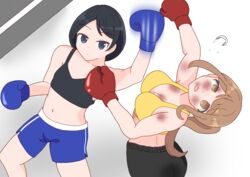  2girls black_sports_bra boxer boxing boxing_gloves boxing_shorts bruise face_punch in_the_face injury multiple_girls original punching shorts sports_bra uppercut user_etnt2385 yellow_sports_bra 