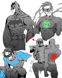  5boys bad_id bad_twitter_id batman batman_(series) belt_pouch bodysuit cape clenched_hand commentary_request dc_comics deadpool deadpool_(movie) deadpool_(series) eye_mask fish_(m8snknk) green_lantern green_lantern_(series) grin heart male_focus marvel mask multiple_boys muscular muscular_male nightwing partially_colored pouch short_hair simple_background smile spider-man spider-man_(series) white_background 