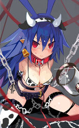  animal_ears animal_print antenna_hair arms_behind_back bell belt bikini blue_hair blush breasts cleavage cow_ears cow_horns cow_print cow_tail disgaea disgaea_d2 fake_animal_ears fake_horns fake_tail female genderswap_(mtf) highres horns laharl laharl-chan large_breasts leash long_hair miyakawa106 pointy_ears red_eyes rule_63 sidelocks solo spiked_hair swimsuit tail viewer_holding_leash 