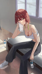  absurdres aketa_mikoto bench bottle breasts brown_eyes commentary crop_top cushion female hand_towel highres idolmaster idolmaster_shiny_colors looking_at_viewer midriff multicolored_hair navel nofakeuk on_bench pants red_hair shoes short_hair sitting smile solo strap_slip sweat sweatpants tank_top two-tone_hair water_bottle window wooden_floor 