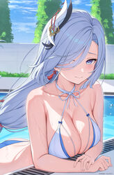  absurdres alternate_costume ass bikini blue_bikini blue_hair blue_sky blush breasts bush cleavage closed_mouth earrings embarrassed female genshin_impact hair_ornament hair_over_one_eye halterneck highres jewelry large_breasts long_hair looking_at_viewer low-tied_long_hair outdoors parted_bangs pool poolside purple_eyes rosumerii shenhe_(genshin_impact) sky string_bikini swimsuit tassel tassel_earrings upper_body water white_bikini 