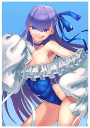  :q blue_choker blue_eyes blue_one-piece_swimsuit blue_ribbon breasts choker commentary_request cowboy_shot fate/grand_order fate_(series) female frilled_one-piece_swimsuit frills hair_ribbon highleg highleg_swimsuit lc_butter licking_lips long_hair looking_at_viewer meltryllis_(fate) meltryllis_(swimsuit_lancer)_(fate) meltryllis_(swimsuit_lancer)_(second_ascension)_(fate) one-piece_swimsuit purple_hair ribbon sleeves_past_fingers sleeves_past_wrists small_breasts solo strapless strapless_one-piece_swimsuit swimsuit tongue tongue_out 