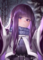  :t absurdres alternate_costume blunt_bangs blush breasts closed_mouth coat commentary female fern_(sousou_no_frieren) highres imminent_hug large_breasts long_hair looking_at_another looking_at_viewer meme official_alternate_costume outstretched_arms pout pov pov_cheek_warming_(meme) purple_eyes purple_hair purple_pupils ringeko-chan scarf snow snowing solo sousou_no_frieren spread_arms straight_hair upper_body winter_clothes winter_coat 