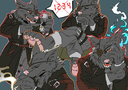  4_toes 5_fingers alon_e_wolf_(shelter) angry annoyed anthro belt black_body black_fur black_trenchcoat blade bodily_fluids bomb bottomwear brown_belt buckle canid canine canis cigarette claws closed_eyes clothing code crossed_legs ears_back explosives eye_patch eyewear feet fingers flat_colors fluffy front_view fur grey_bottomwear grey_clothing grey_pants hand_on_face head_down holding_bomb holding_cigarette holding_object knife looking_at_viewer male mammal monotone_body monotone_fur multiple_poses neck_tuft number_word open_mouth outline pants pawpads pink_nose pink_pawpads pivoted_ears plantigrade pointing_at_object pose red_eyes shelter_vn side_view simple_background sitting smoke smoking smoking_cigarette snarling solo speech_bubble standing sweat sweatdrop teeth toe_claws toes tuft video_game_reference wolf x_symbol yazoe 