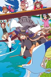  6+girls aircraft airplane animal_ears beach beak bird black_cloak blue_sky boat bow broom broom_riding brown_hair cloak cloud cloudy_sky commentary_request duplicate ear_covers feline grin hair_rings haru_urara_(umamusume) hat highres holding holding_broom horse_ears horse_girl horse_tail ines_fujin_(umamusume) long_hair long_sleeves majo_no_takkyuubin midair mountain multiple_girls ocean outdoors parody pink_hair purple_eyes red_bow sakura_bakushin_o_(umamusume) sand sky skyline smart_falcon_(umamusume) smile sweep_tosho_(umamusume) t.m._opera_o_(umamusume) tail twintails umamusume v-shaped_eyebrows wahiko_(black_bastard) water watercraft wide_sleeves witch_hat 