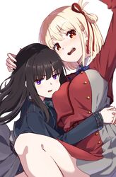  2girls black_hair blonde_hair breasts face_to_breasts hair_ribbon hand_on_another&#039;s_head highres hyoe_(hachiechi) inoue_takina large_breasts light_blush long_hair looking_at_viewer lycoris_recoil lycoris_uniform medium_hair multiple_girls nishikigi_chisato open_mouth orange_eyes purple_eyes ribbon simple_background skirt thighs white_background yuri 