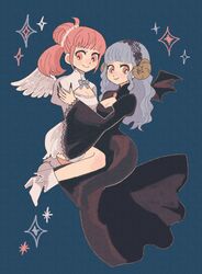  2girls alternate_costume angel_wings black_dress black_nails blue_background blue_hair breasts brown_eyes chimney_(chimney0311) cleavage cleavage_cutout clothing_cutout dress english_commentary fake_horns fake_wings fire_emblem fire_emblem:_three_houses fire_emblem_warriors:_three_hopes full_body goat_horns halloween halloween_costume high_heels highres hilda_valentine_goneril horns long_dress long_hair marianne_von_edmund medium_hair multiple_girls official_alternate_hairstyle pink_eyes pink_hair puffy_sleeves simple_background smile sparkle wavy_hair white_footwear wide_sleeves wings 